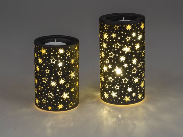 LED Deko-/Teelicht, Stern Dekor, 12 o.15 cm Farbglas, schw.-gold Weihnachtsdeko