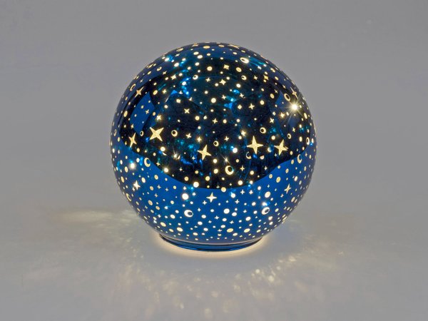 Deko-Kugel blau-gold, LED Licht, 10 cm, Farbglas, Nacht-Dekor Weihnachtsdeko